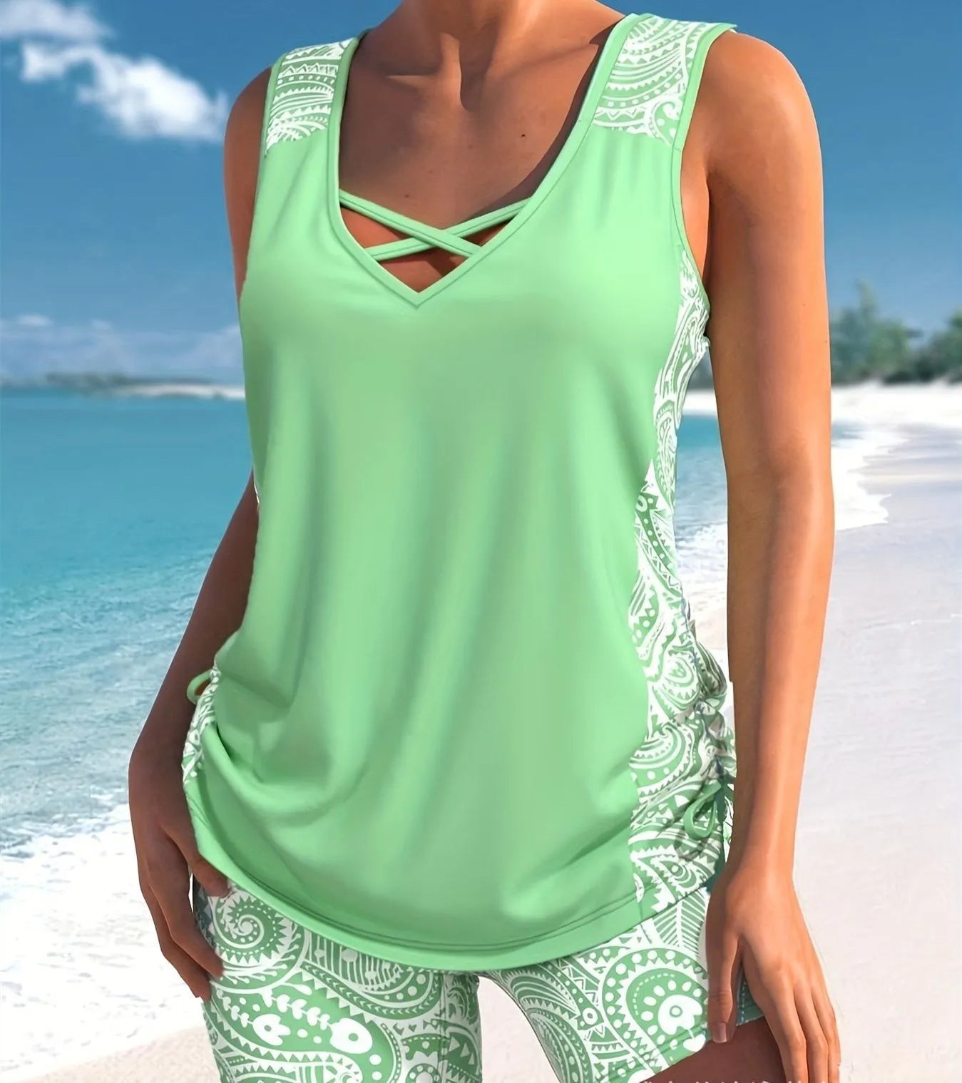 Women's printed split boxer swimsuit two-piece set with swim top and shorts