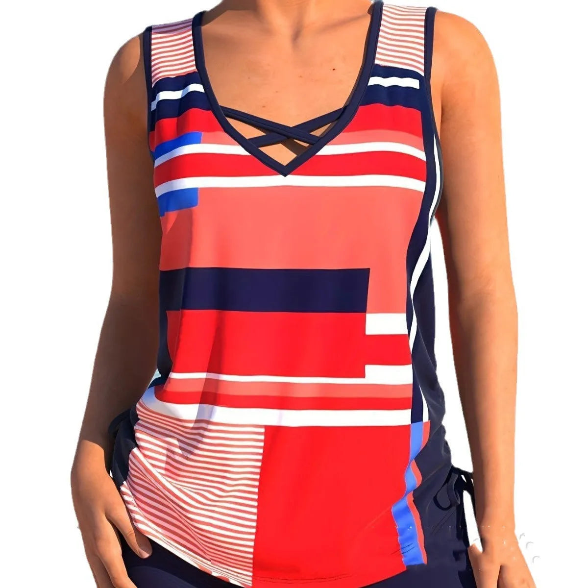 Women's printed split boxer swimsuit two-piece set with swim top and shorts
