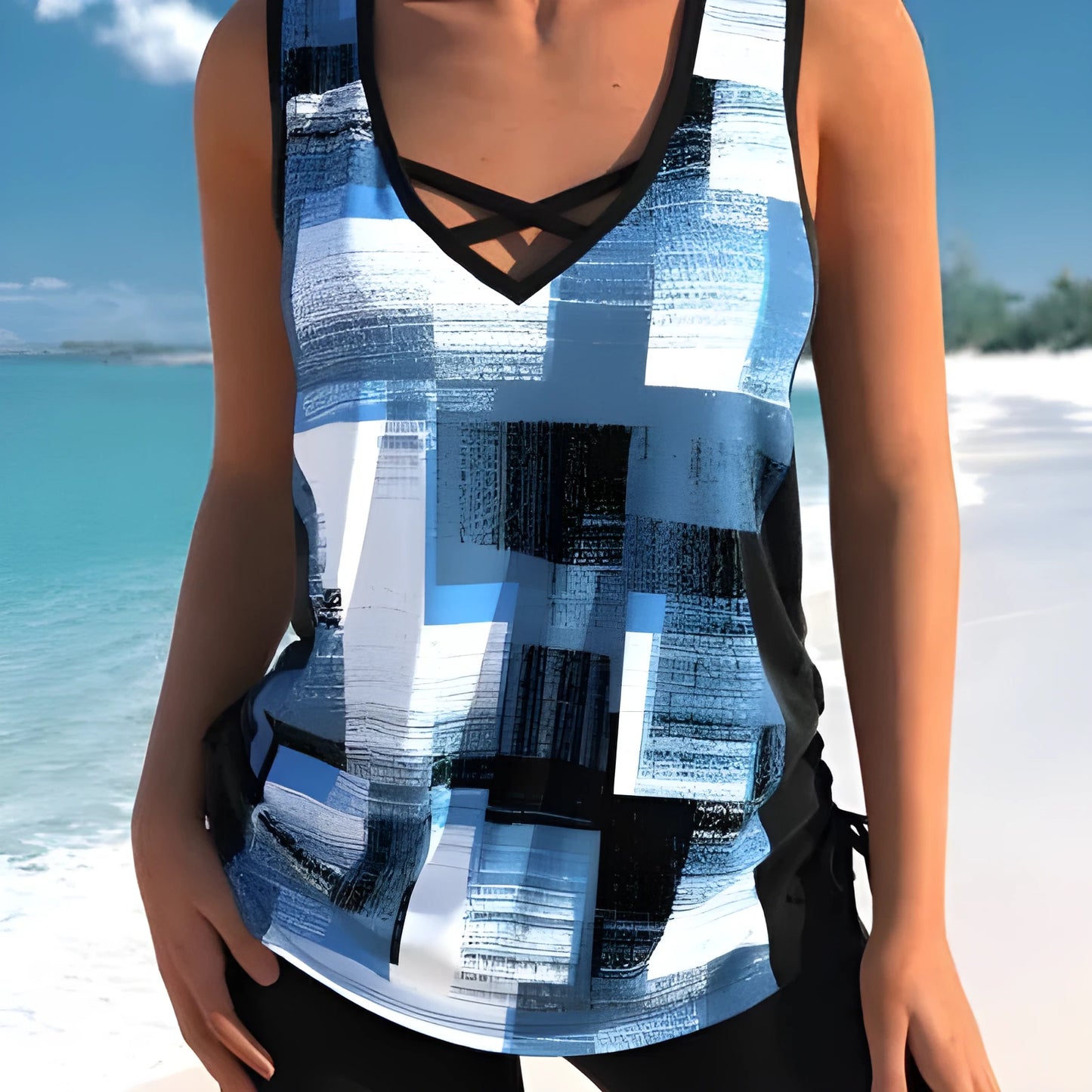 Women's printed split boxer swimsuit two-piece set with swim top and shorts