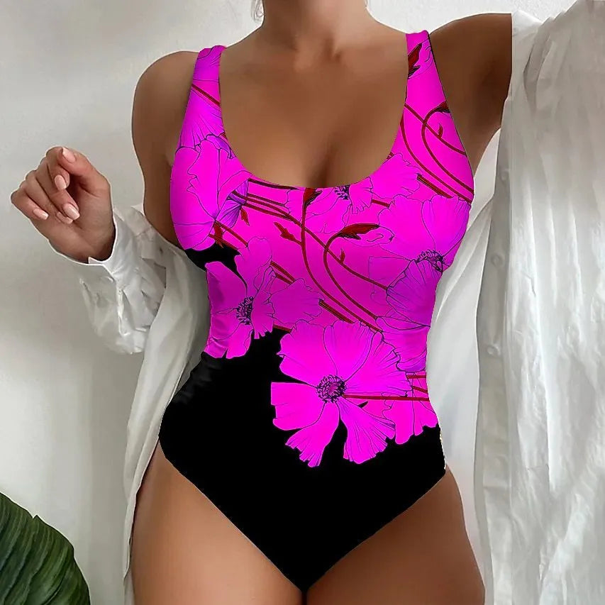 Women's 3D printed one-piece swimsuit in orange red, showing tight fit and printed pattern detail.
