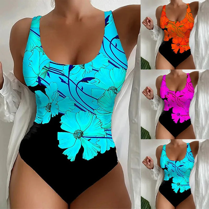 Women's 3D printed one-piece swimsuit in orange red, showing tight fit and printed pattern detail.