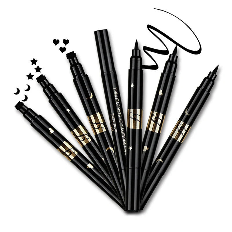 Double-headed seal eyeliner with unique five-pointed star, heart, and moon designs for precise makeup application
