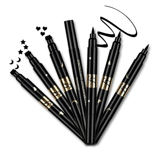 Double-headed seal eyeliner with unique five-pointed star, heart, and moon designs for precise makeup application