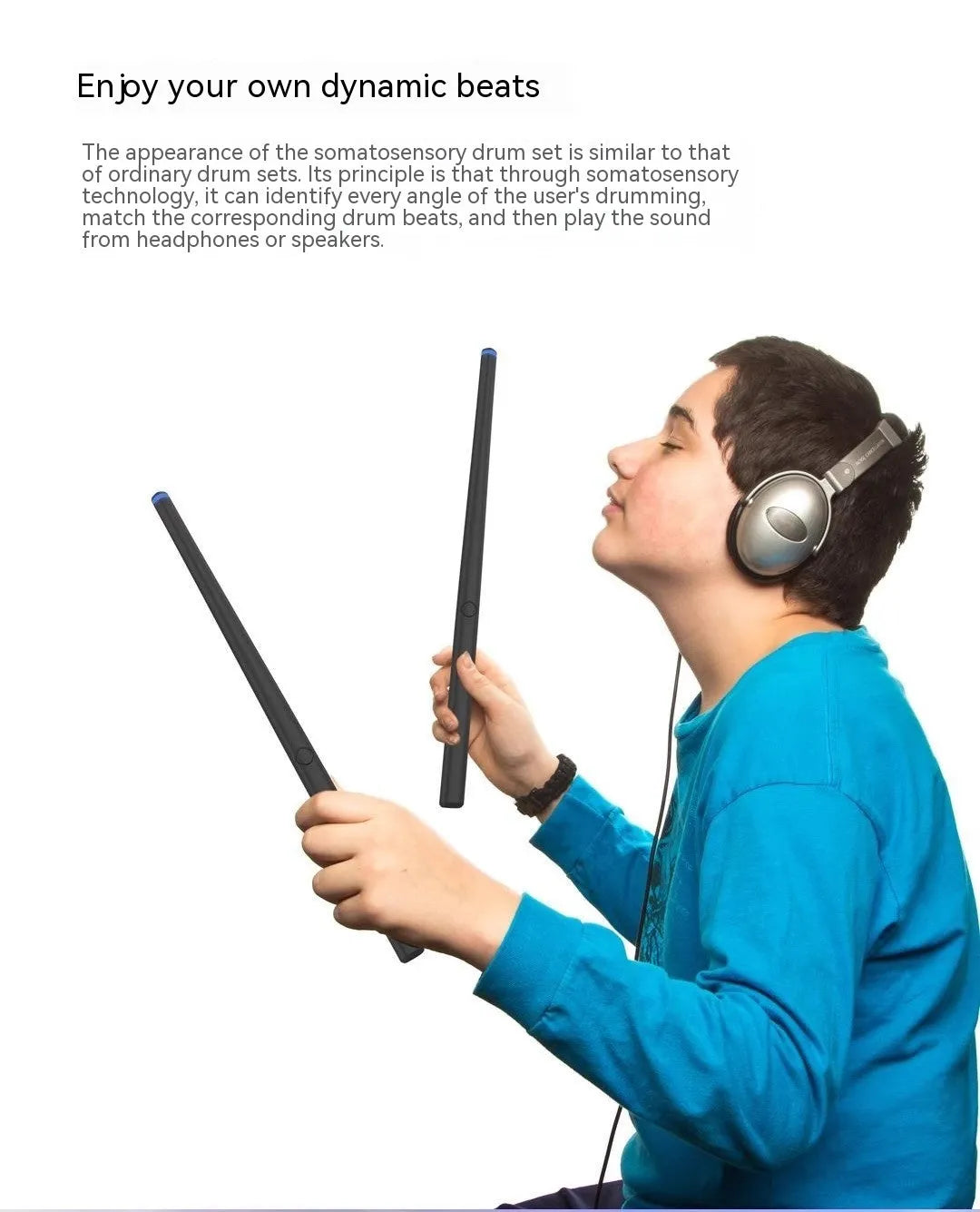 Black wireless somatosensory air drum kit with LED lighting and drumsticks