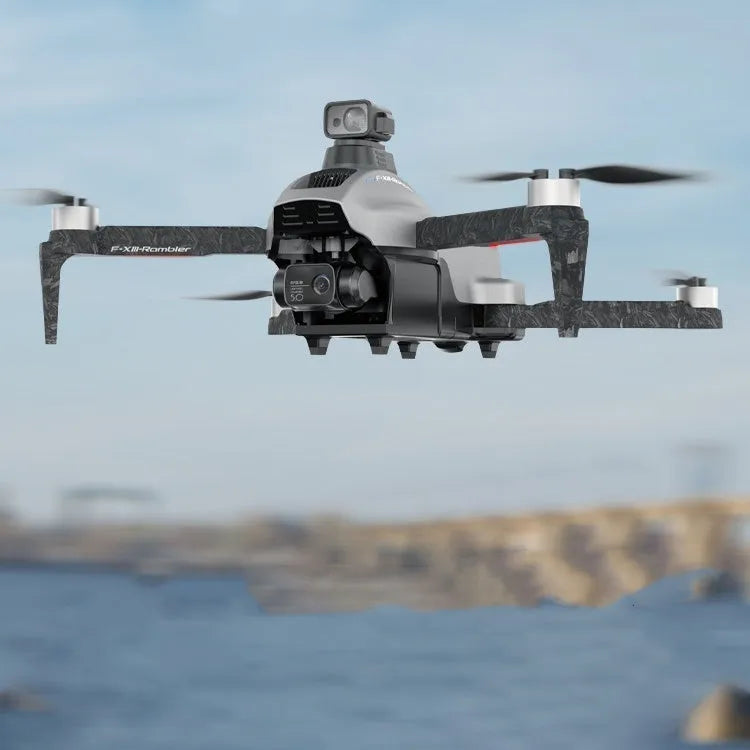 White folding quadcopter drone with camera and obstacle avoidance sensors, remote control, and shoulder bag.
