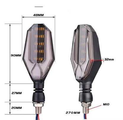Pair of motorcycle LED indicator signal lights showing the two-colour light guide and 30 LED design.