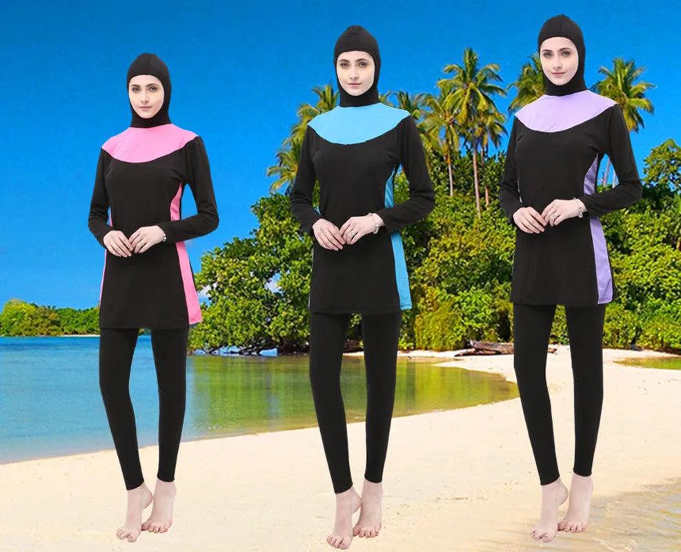 Conservative black women's swimsuit with long sleeves, a hood, and rose red trim.