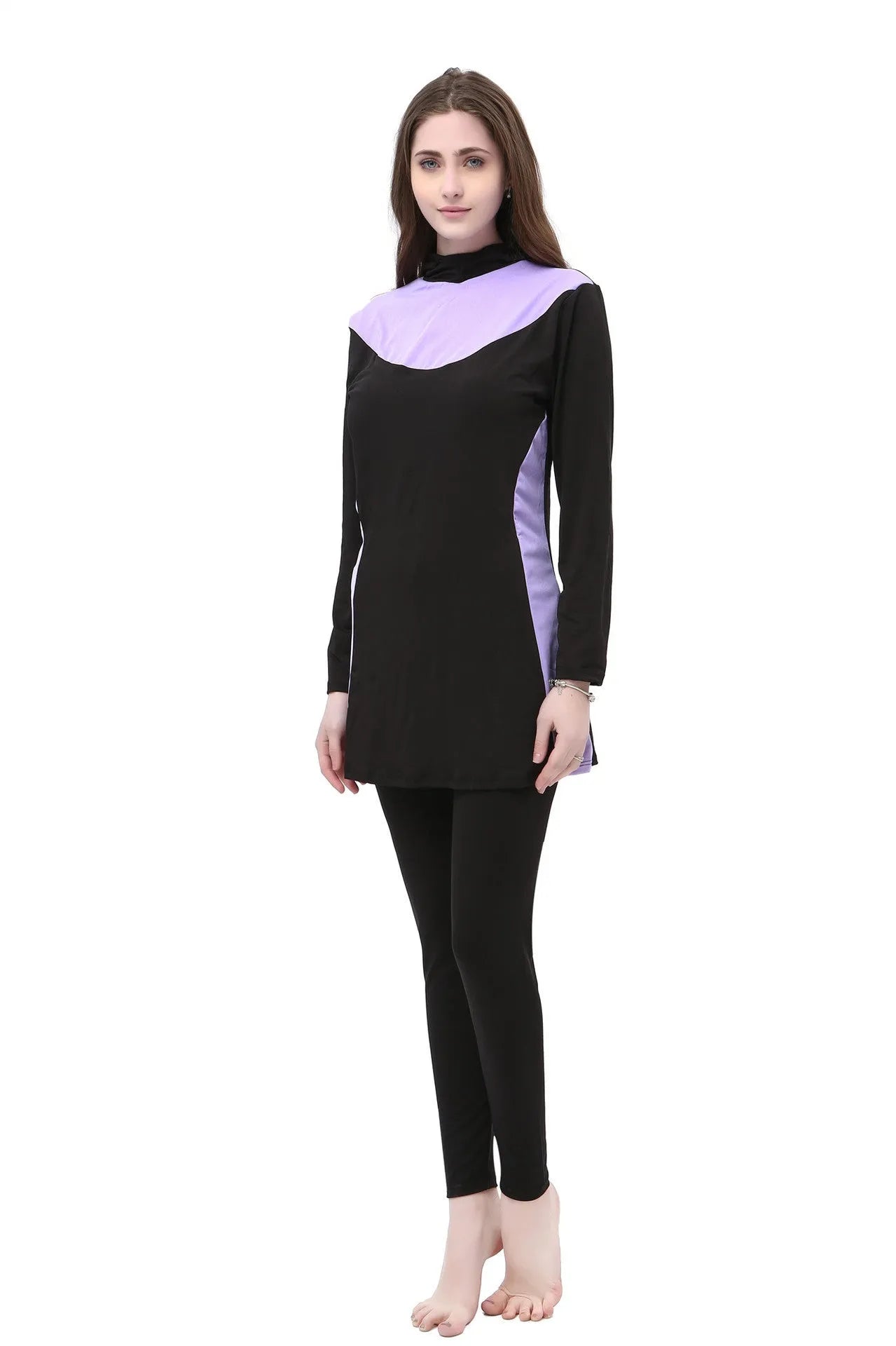 Conservative black women's swimsuit with long sleeves, a hood, and rose red trim.