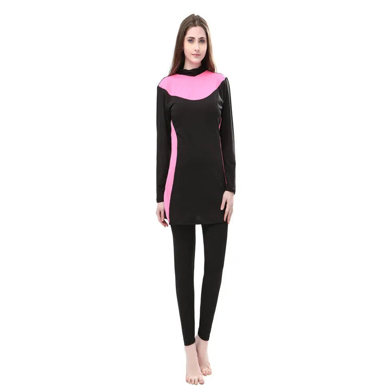 Conservative black women's swimsuit with long sleeves, a hood, and rose red trim.