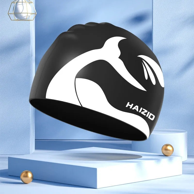 Silicone swim cap with whale tail pattern and waterproof ear protectors in various colours