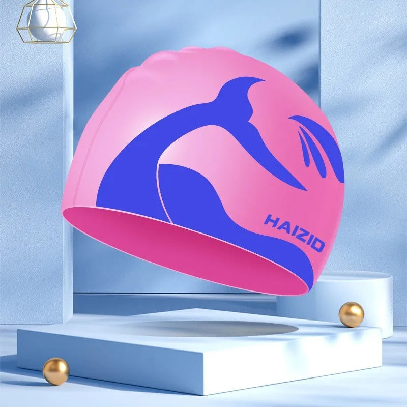 Silicone swim cap with whale tail pattern and waterproof ear protectors in various colours