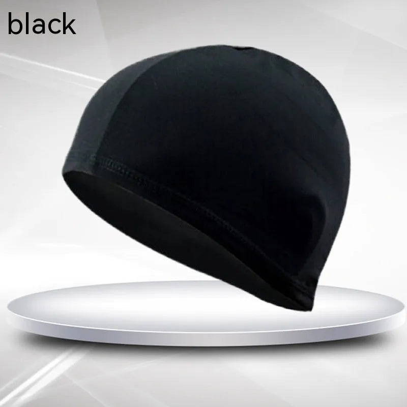 Black polyester unisex adult swimming cap with a single-line design