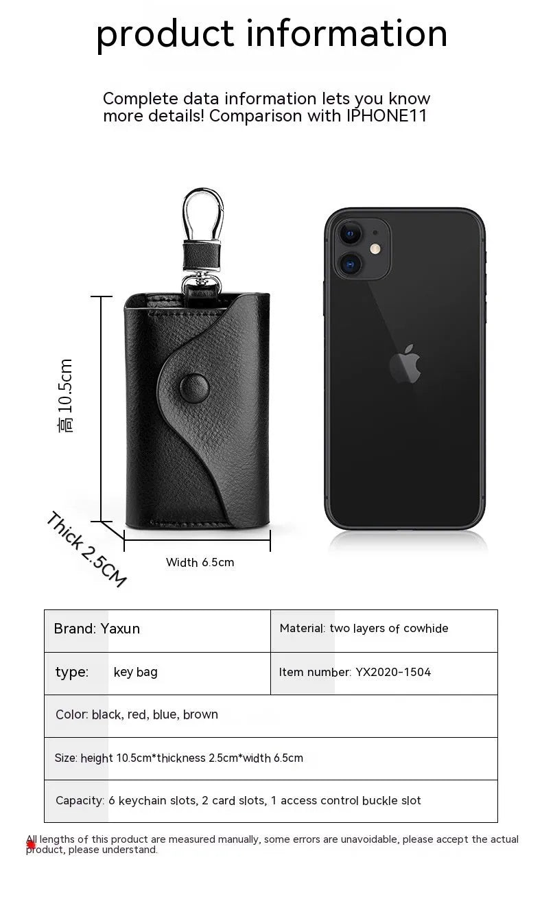 Genuine leather keychain card holder in square vertical design with internal key mapping structure