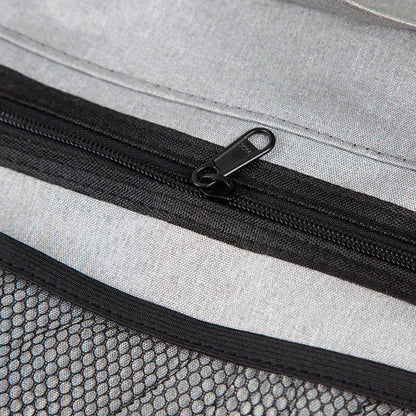 Black car hanging storage bag made of waterproof Oxford cloth with a handle, shown hanging in a vehicle boot.