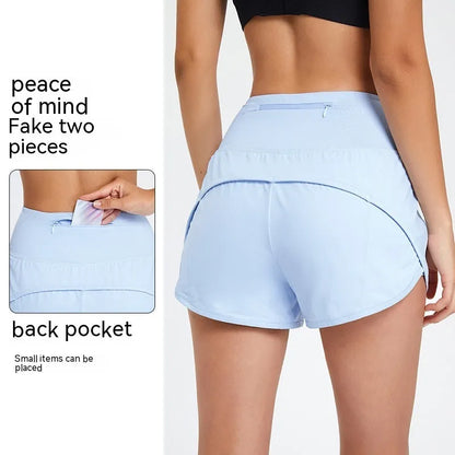 Women's high-waist nylon fitness shorts in black, white, and water blue colours for summer sports