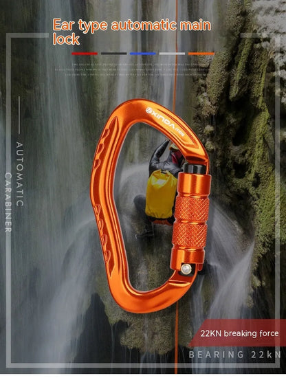 Automatic locking metal climbing carabiner with a manual safety screw on the gate, shown in silver finish.