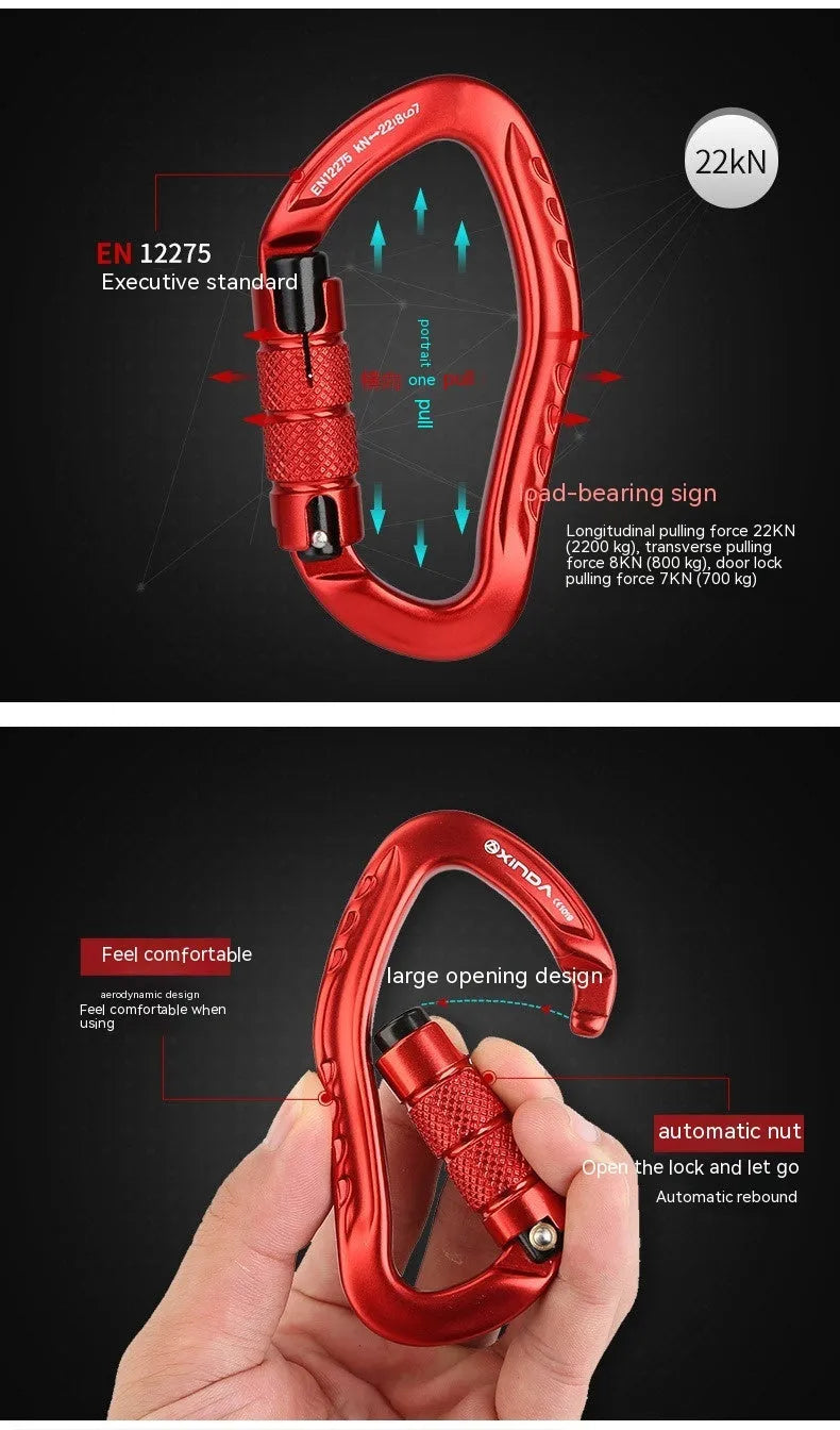 Automatic locking metal climbing carabiner with a manual safety screw on the gate, shown in silver finish.