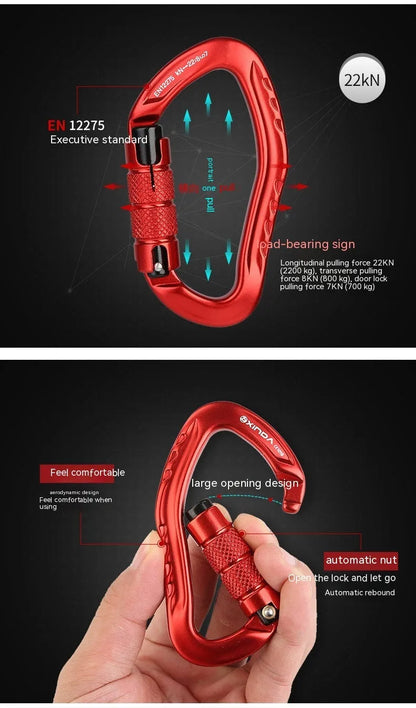 Automatic locking metal climbing carabiner with a manual safety screw on the gate, shown in silver finish.