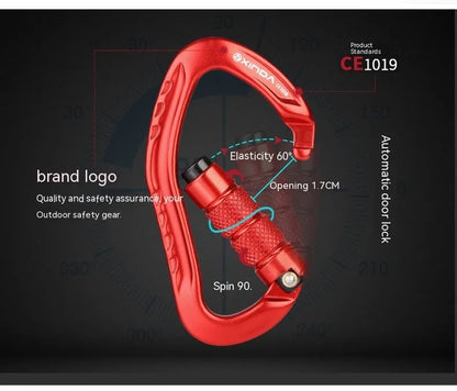 Automatic locking metal climbing carabiner with a manual safety screw on the gate, shown in silver finish.