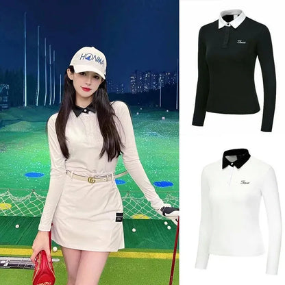 Women's white polyester long sleeve sportswear top for golf and outdoor activities