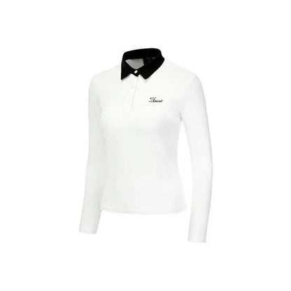 Women's white polyester long sleeve sportswear top for golf and outdoor activities
