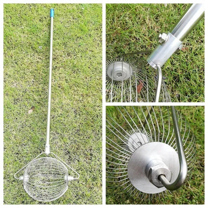 Metallic coloured stainless steel golf ball picker on a green surface.