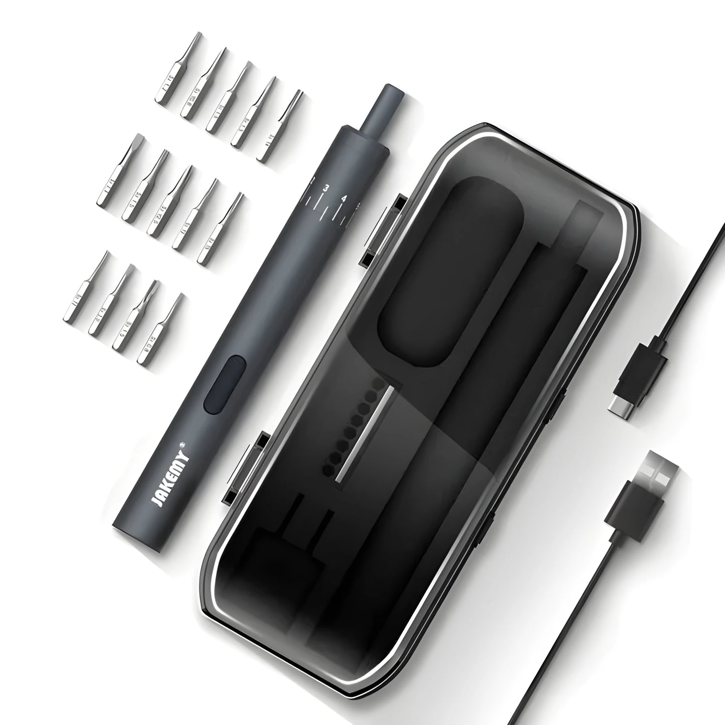 Black aluminium pen-type electric screwdriver with torque adjustment settings displayed on barrel
