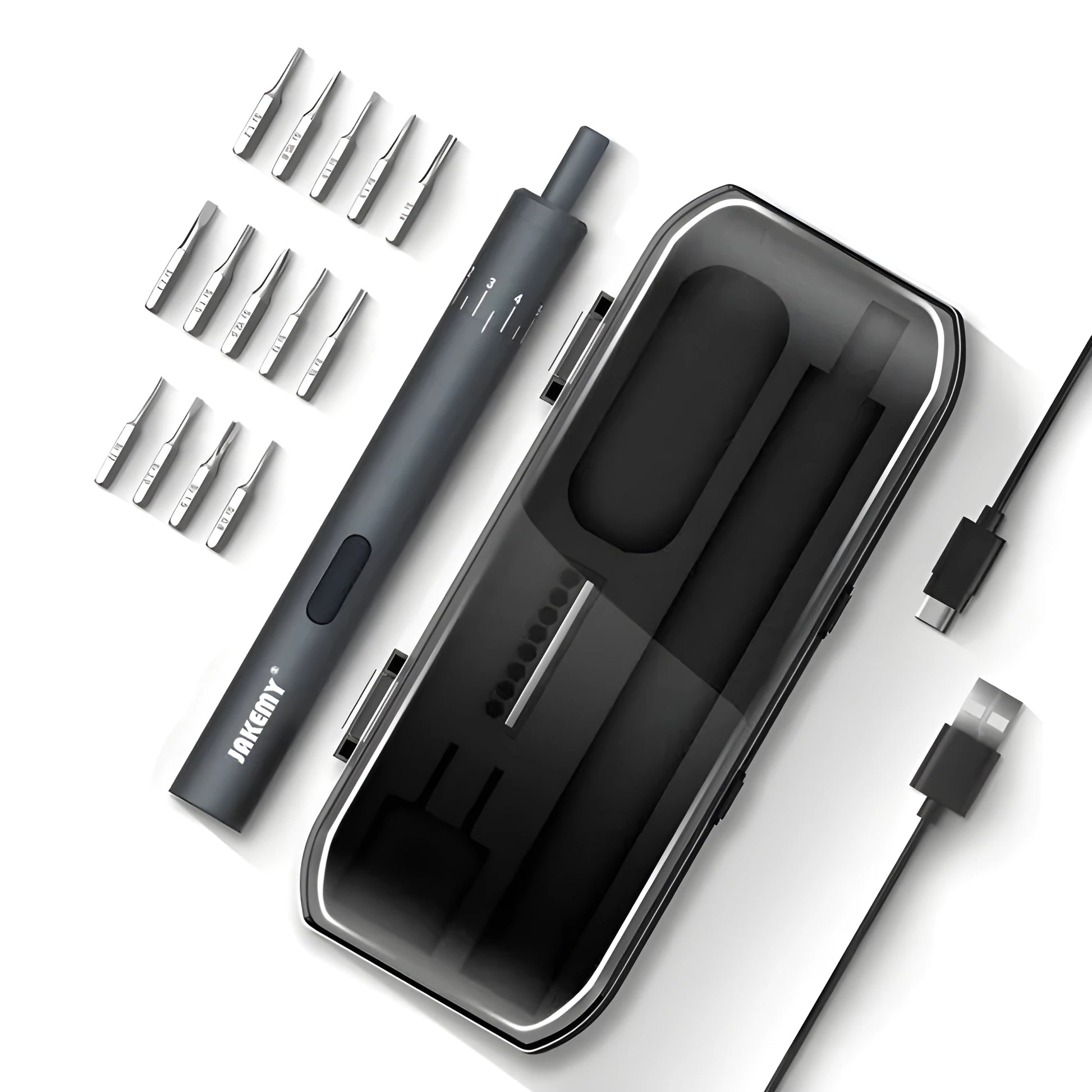 Black aluminium pen-type electric screwdriver with torque adjustment settings displayed on barrel