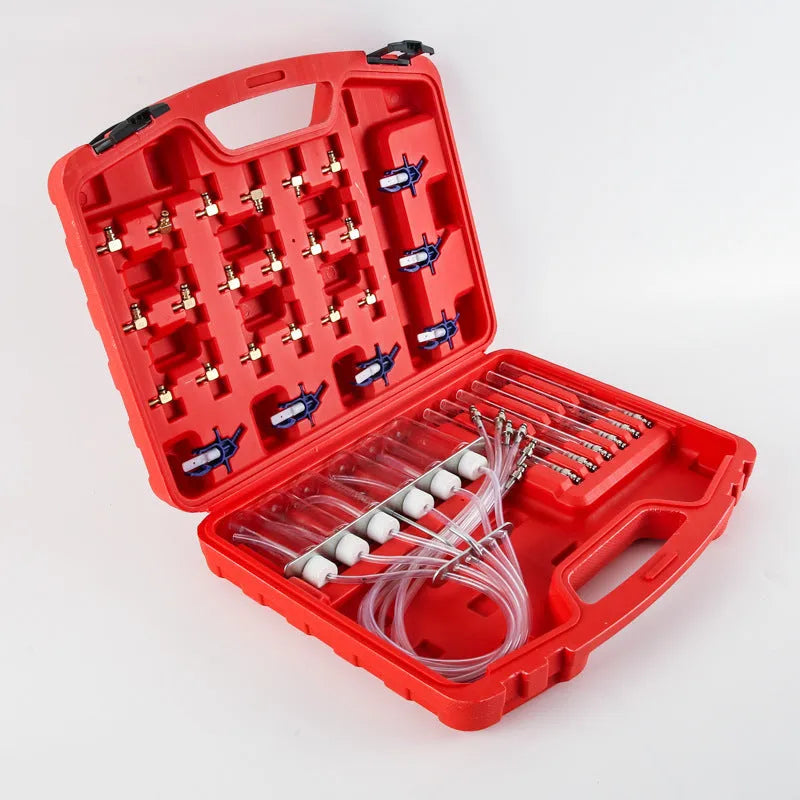 Brass and plastic fuel injection flow meter for oil return measurement, 37.5cm long.