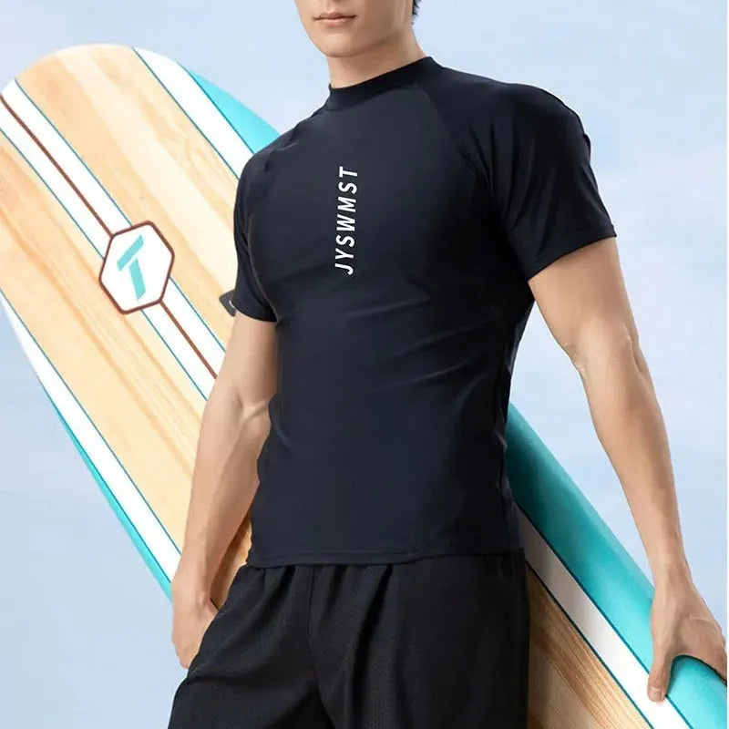 Men's plus size swimming trunks and top set in polyester fabric on a mannequin.