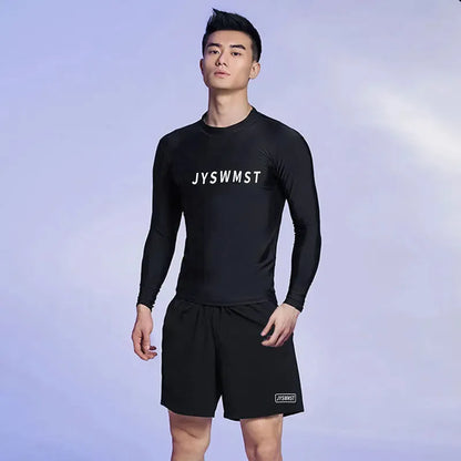 Men's plus size swimming trunks and top set in polyester fabric on a mannequin.