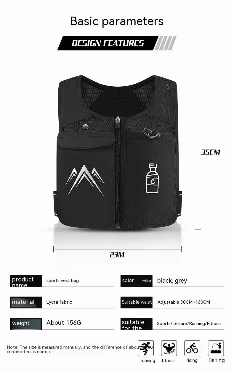 Sports running vest with mesh fabric and mobile phone pocket in black or grey colours