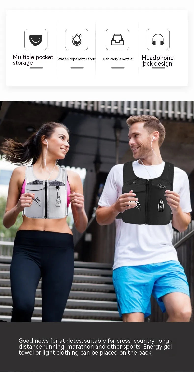 Sports running vest with mesh fabric and mobile phone pocket in black or grey colours