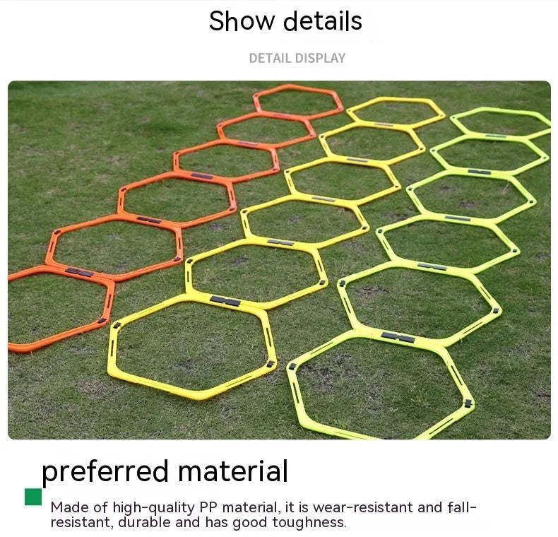 Set of six foldable hexagon football training rings in yellow, green and orange colours