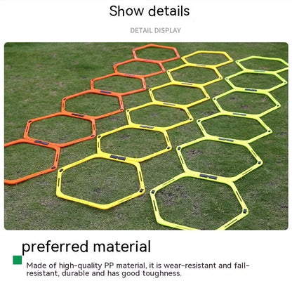 Set of six foldable hexagon football training rings in yellow, green and orange colours