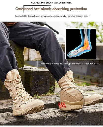 Yulong Combat Boots tactical desert boots in black and sand colours for outdoor climbing and hiking