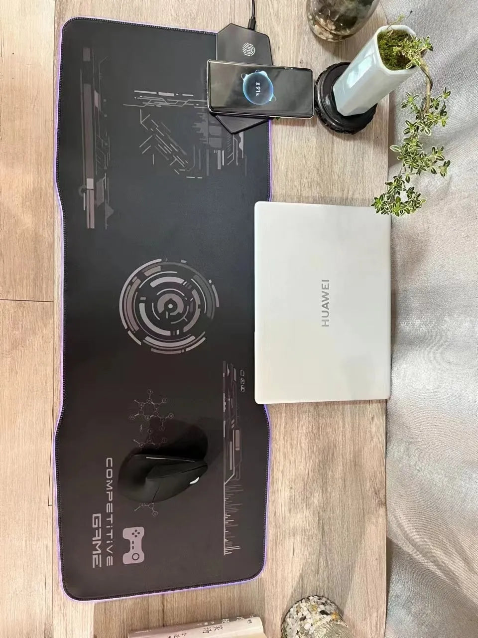 Black gaming mouse mat with TYPC interface luminous design measuring 300x800mm
