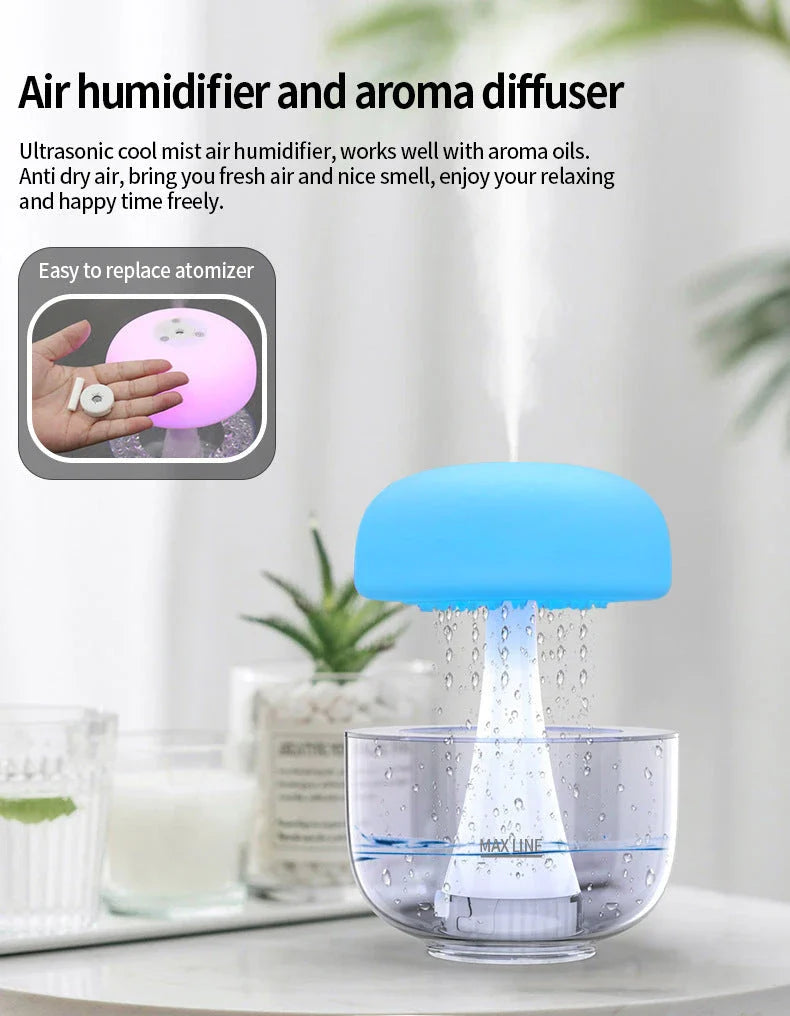 Cozy Raindrop Humidifier with Mesmerizing Lights, Ultrasonic Atomization, Seven-color Ambient Lighting, and Aroma Diffuser for Home Decor