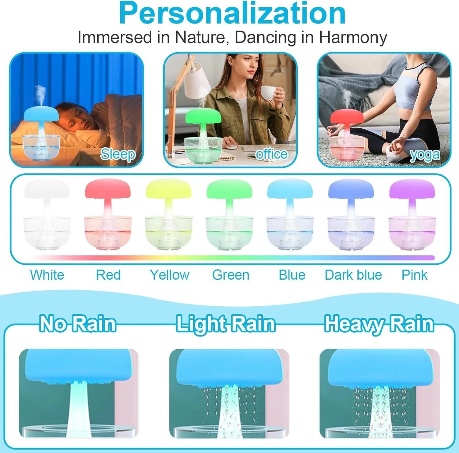 Cozy Raindrop Humidifier with Mesmerizing Lights, Ultrasonic Atomization, Seven-color Ambient Lighting, and Aroma Diffuser for Home Decor