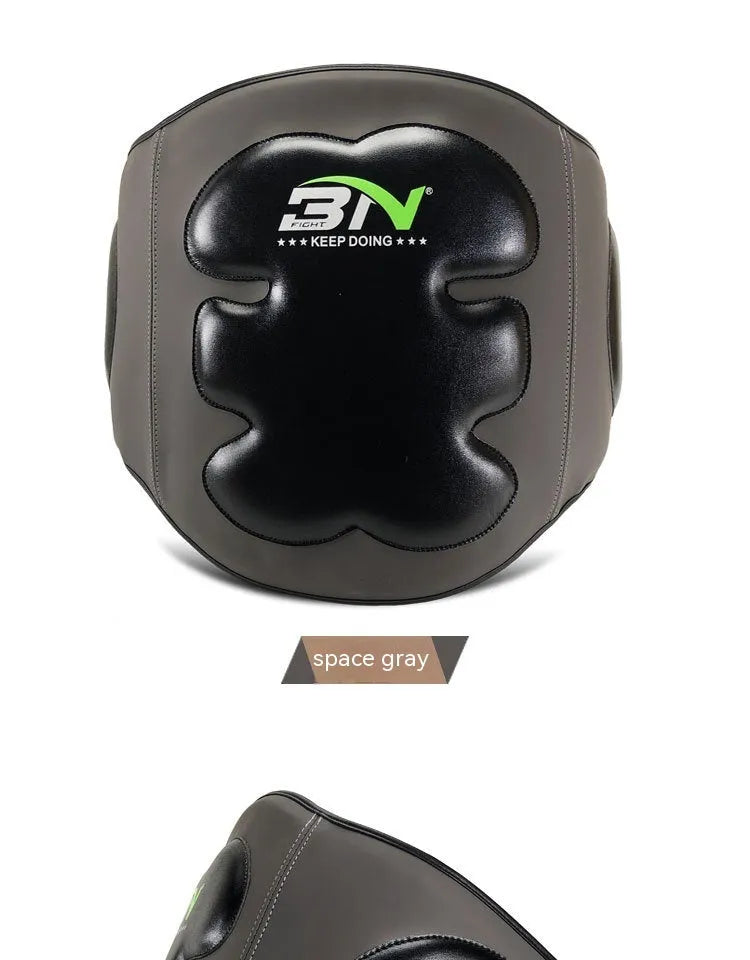 Sanda boxing breast protection target in dark grey showing waist and chest coverage for martial arts training