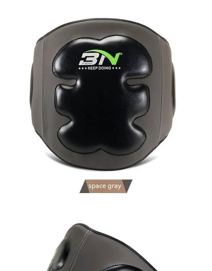 Sanda boxing breast protection target in dark grey showing waist and chest coverage for martial arts training