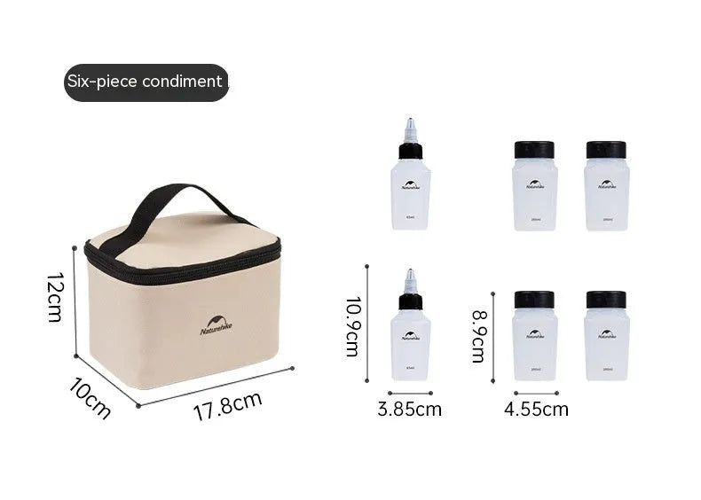 Naturehike six-piece portable PP seasoning bottle set for outdoor picnics and camping.