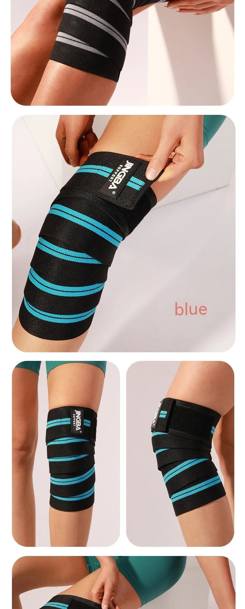 Adjustable adult knee pads for sports protection in blue, grey, red, and yellow colour options