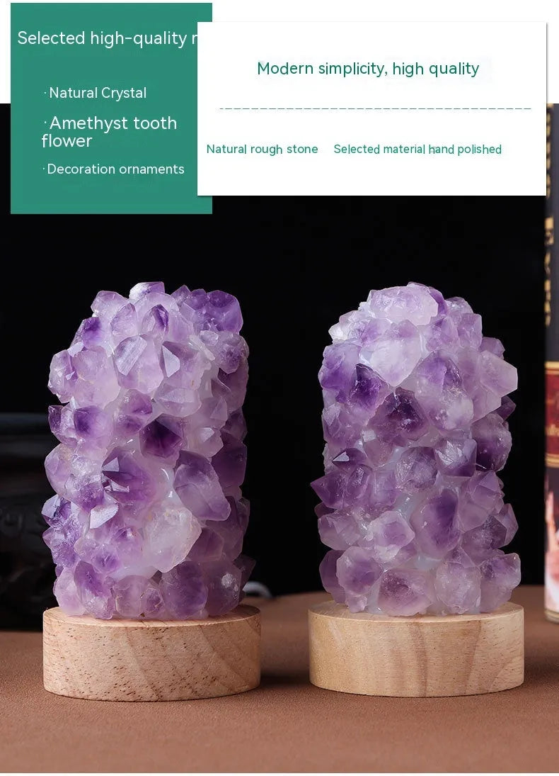 Mini USB night light glowing inside a natural amethyst crystal vug geode on a dark surface.