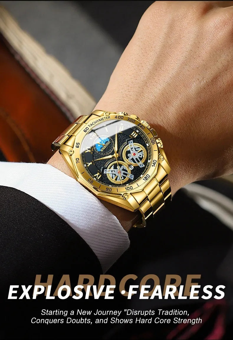 Men's hollow mechanical watch 11mm thick with visible movement and choice of gold, black steel, or white steel finish