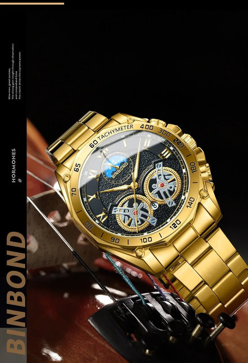 Men's hollow mechanical watch 11mm thick with visible movement and choice of gold, black steel, or white steel finish