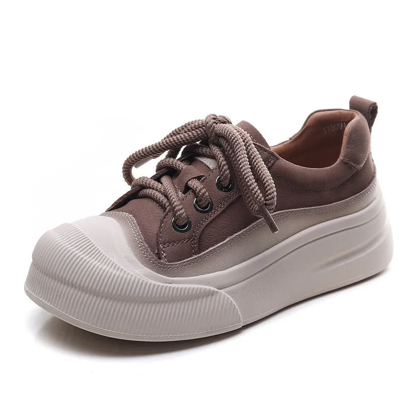 Women's yellow and brown cow leather lace-up casual shoes with round toe