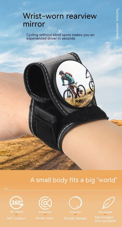 Black nylon bicycle rear-view mirror mounted on a cyclist's wrist.