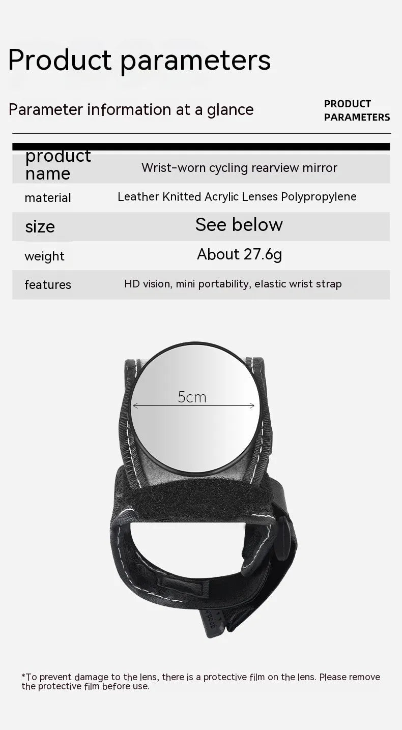 Black nylon bicycle rear-view mirror mounted on a cyclist's wrist.