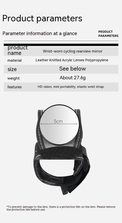 Black nylon bicycle rear-view mirror mounted on a cyclist's wrist.